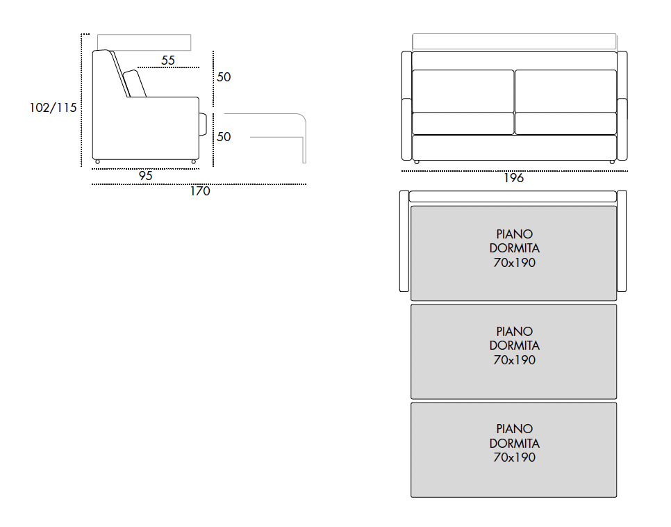 Viscomoda tris DIVANI LETTO dimensioni